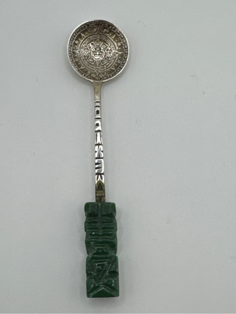 Vintage Mexico Aztec Calendar Stone Souvenir Spoon Carved Green Stone Handle